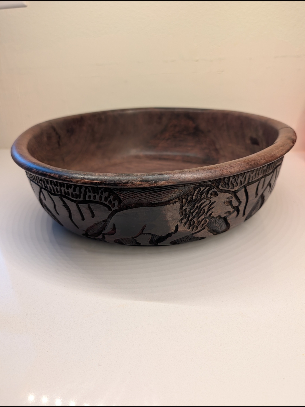 Large Vintage 13.5" Hand-Carved African Wooden Safari Bowl Wildlife Centerpiece